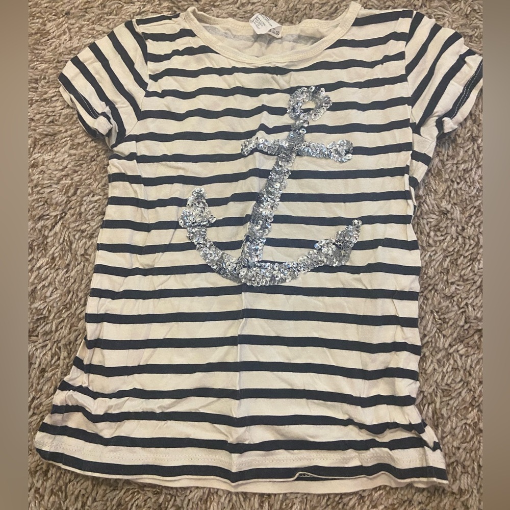 Navy blue and white striped tee with sequined anchor crewcuts, GUC, size 6-7